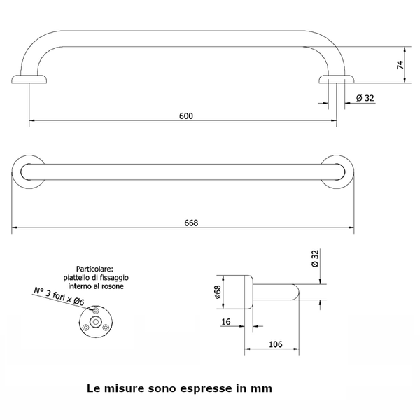 Maniglione diritto isolato M60-SF-B Thermomat  bianco 60 cm
