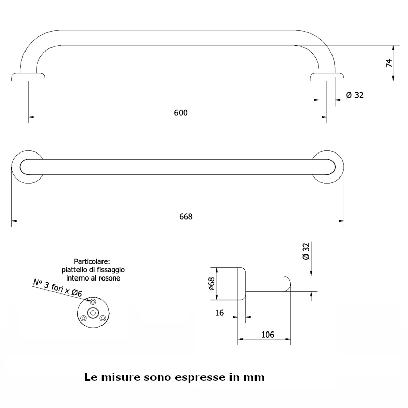 Maniglione diritto isolato M60-SF-B Thermomat  bianco 60 cm