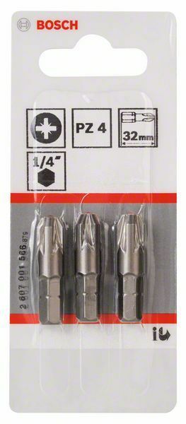 Bosch 3 bit di avvitamento extra duro PZ 4,32 mm, codolo esagonale 1/4