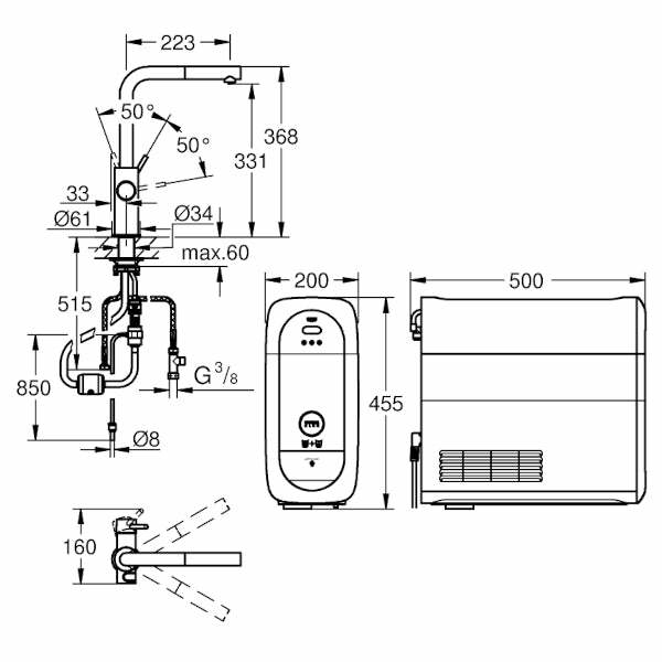 Grohe Blue Home starter kit miscelatore L rompigetto estraibile, refrigeratore, filtro Mg+Zn