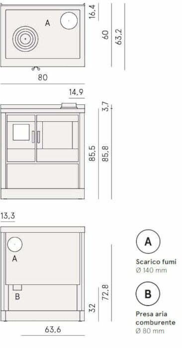 Cadel Kook 80 cucina a legna ventilata, piano in ghisa