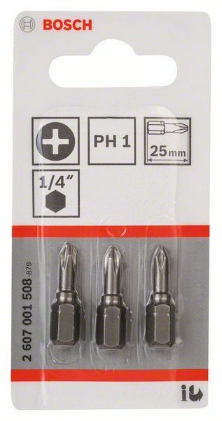 Bosch 3 bit di avvitamento extra duro PH 1, 25 mm, codolo esagonale 1/4