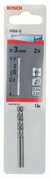 Bosch punte per metallo HSS-G, DIN 338 3 x 33 x 61 mm, 2 pezzi