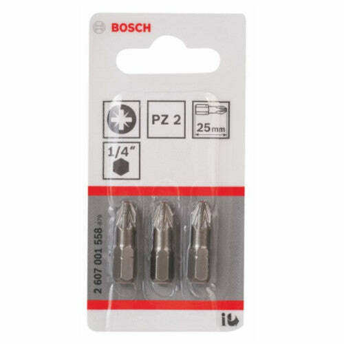 Bosch 3 bit di avvitamento extra duro PZ 2, 25 mm, codolo esagonale 1/4