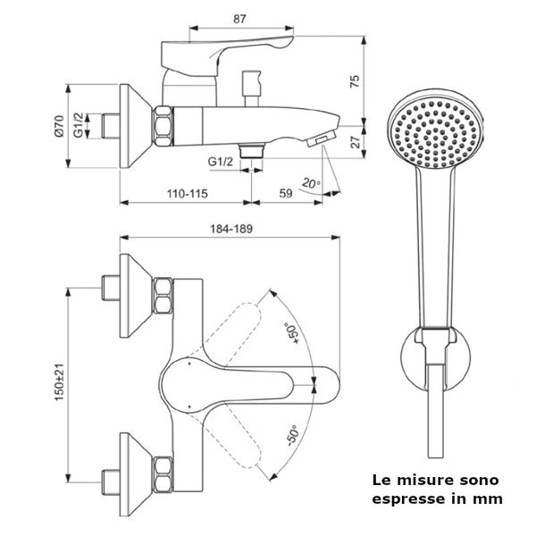 Ideal Standard Alpha miscelatore vasca/doccia esterno con deviatore, doccetta e flessibile cromo BC676AA