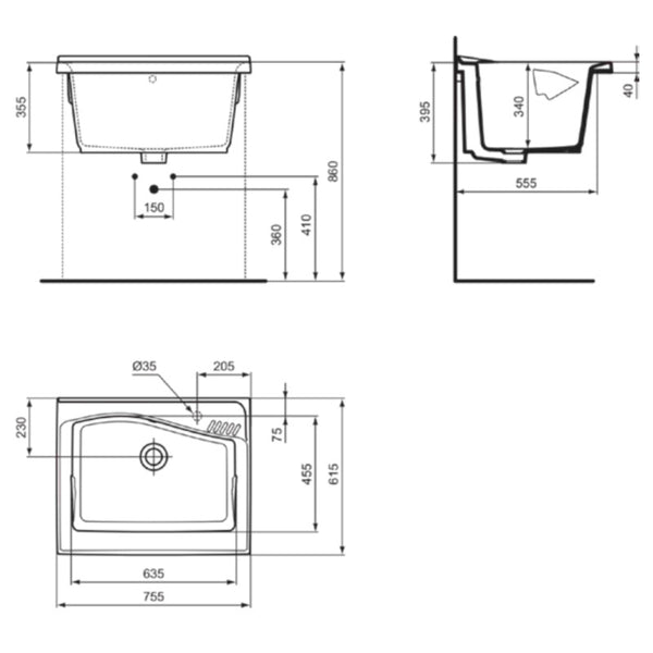 Lavatoio Lago T473201 Ideal Standard 75,5 x 61,5 x 39 cm bianco lucido