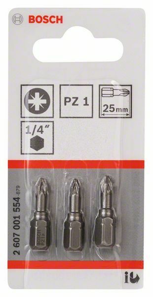 Bosch 3 bit di avvitamento extra duro PZ 1, 25 mm, codolo esagonale 1/4