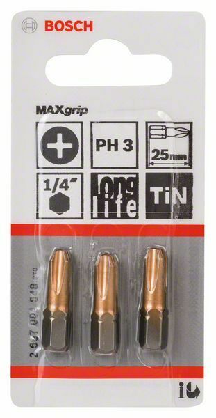 Bosch 3 bit di avvitamento Max Grip PH 3, 25 mm, codolo esagonale 1/4