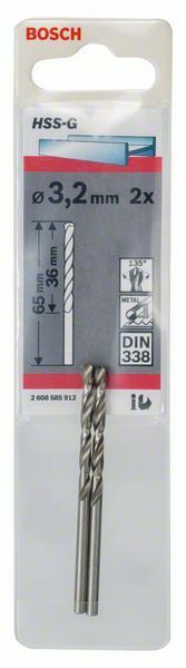 Bosch punte per metallo HSS-G, DIN 338 3.2 x 36 x 65 mm, 2 pezzi