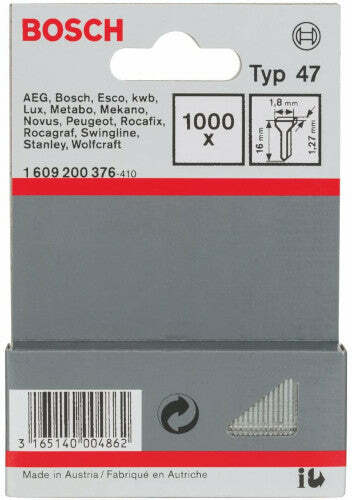 Bosch chiodo tipo 47 - 1,8 x 1,27 x 16 mm, set 1000 pezzi