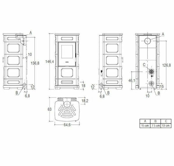 Piazzetta E228 C stufa ibrida 8,2 KW con bocchetta frontale e scarico posteriore