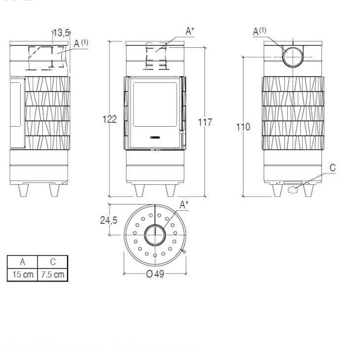 Piazzetta CIRCLE stufa a legna 7,2 kW scarico posteriore base fissa