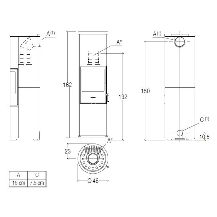 Piazzetta E924 A-H stufa a legna 7,2 kW scarico superiore base rotante