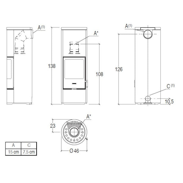 Piazzetta E924 H stufa a legna 7,2 kW, scarico superiore, base fissa