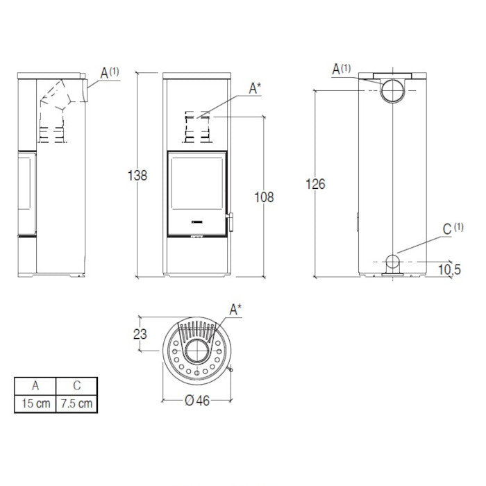 Piazzetta E924 H stufa a legna 7,2 kW, scarico superiore, base rotante