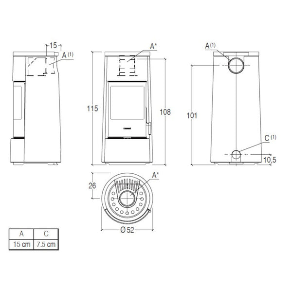 Piazzetta E924 M stufa a legna 7,2 kW, scarico superiore, base fissa