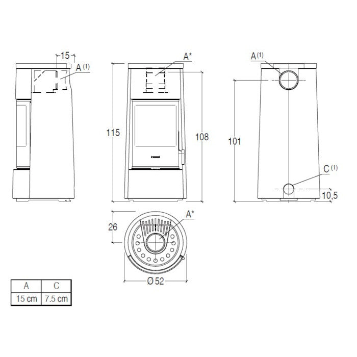 Piazzetta E924 M stufa a legna 7,2 kW, scarico superiore, base fissa