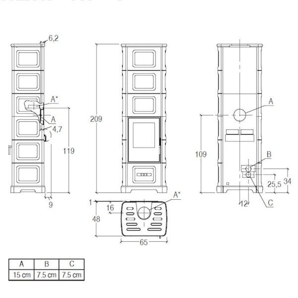 Piazzetta E928 C-H BCS stufa a legna 11,1 kW con bocchetta frontale