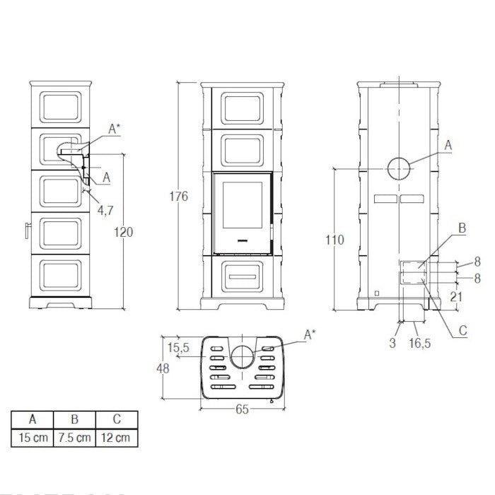 Piazzetta E928 C-M stufa a legna 11 kW con bocchetta frontale